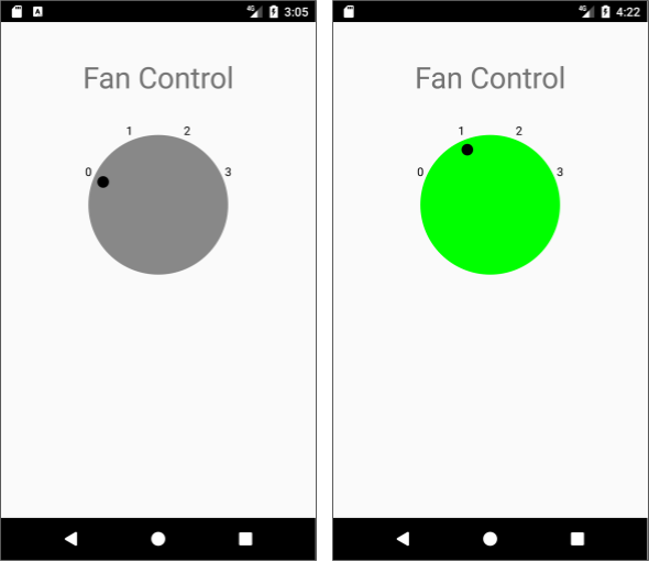  The CustomFanController app uses a custom view for the controller, with settings from 0 (off) to 3 (high).