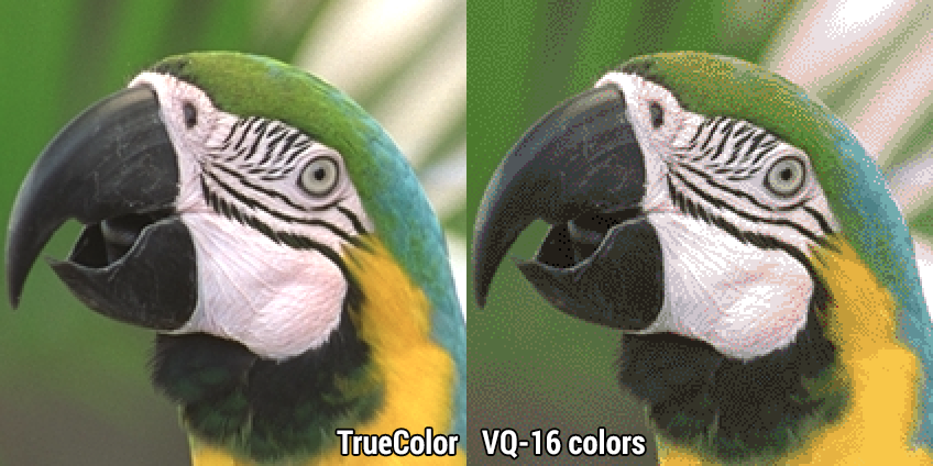  Before reducing the number of unique colors (left) and after (right), you can see that there's a loss of quality. Most of the gradient colors have been replaced, imparting a banding effect to the image. Zoom in on the image to see the data loss even more clearly. 