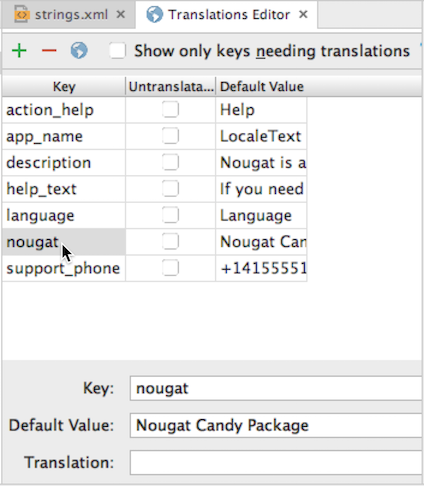  The Translations Editor appears with a row for each resource key and its default value.
