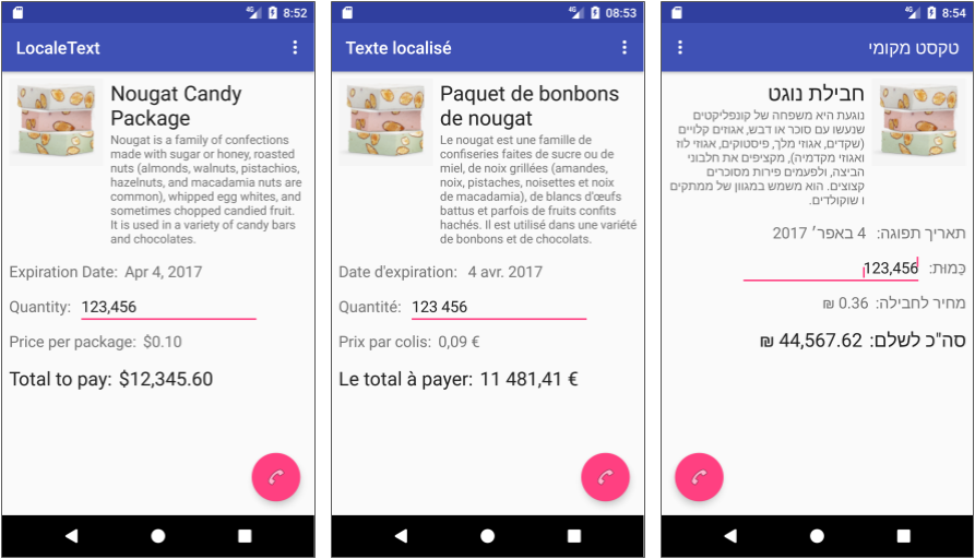 An app localized for the U.S. (left), France (center), and Israel (right)