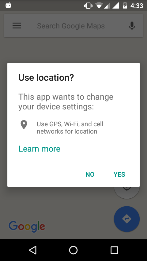  The dialog shown to the user to update their location settings