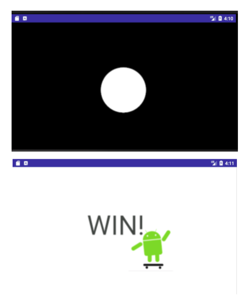  Screenshot of SurfaceViewExample app at startup and after the user has found the Android image by moving around the flashlight.  
