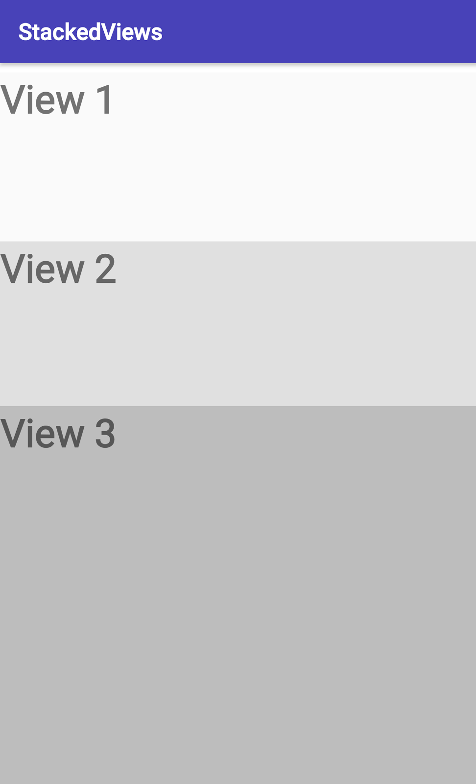  Build a StackedViews app with overlapping text views. Initially, all three <code>View</code> instances extend to the bottom of the screen.