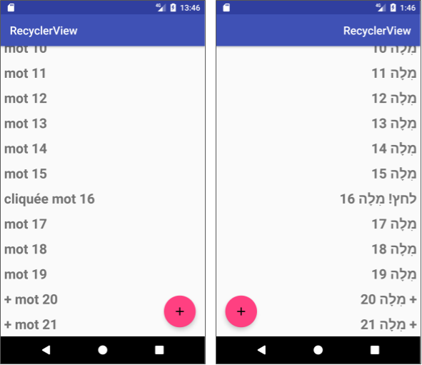  RecyclerView in French (left) and in Hebrew (right)