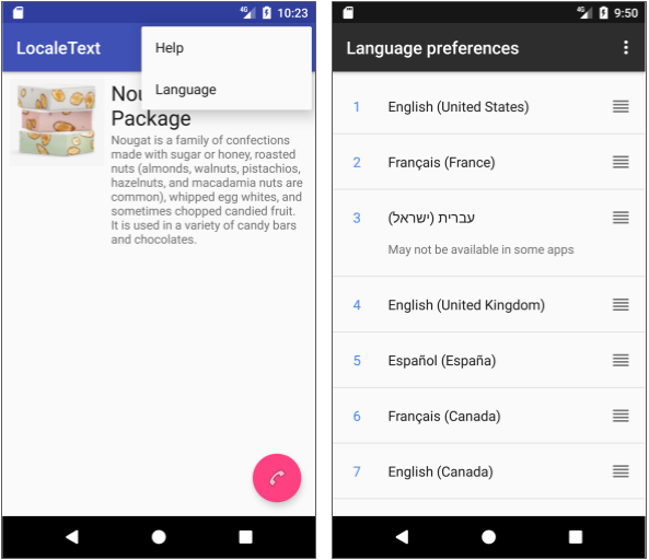  In the finished app, the user taps Language in the options menu to go directly to the language list in Settings.