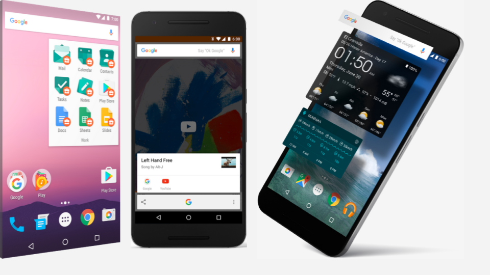  App icons on the home screen (left), playing music (center), and displaying widgets (right)