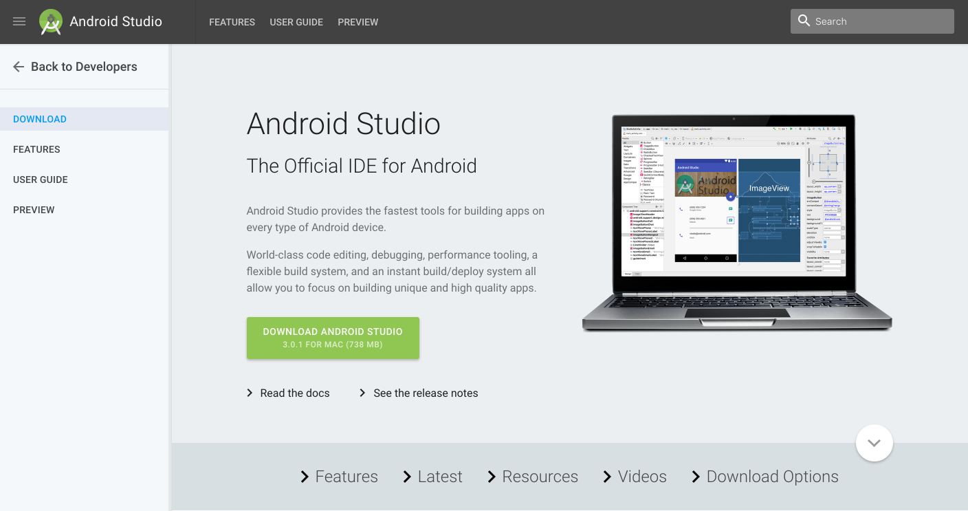  Android Studio home page 