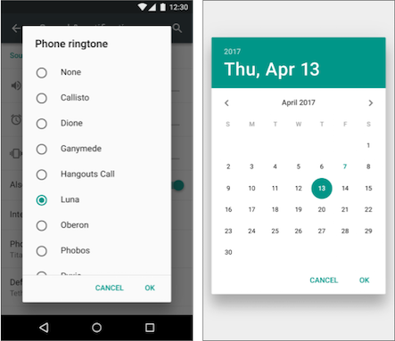  Ringtone confirmation dialog (left) and date picker (right)