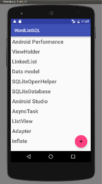  A RecyclerView used to display a list of words from a database