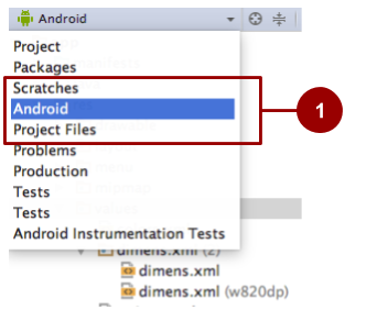  Selecting the Project > Android pane in Android Studio, noborder