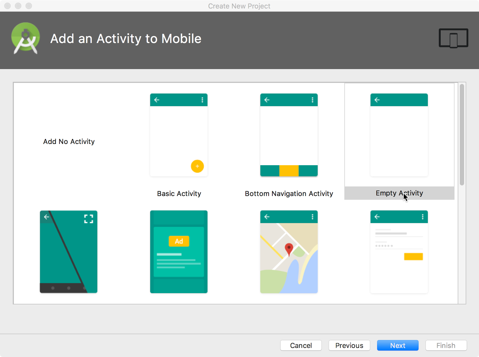  Select the Empty Activity template