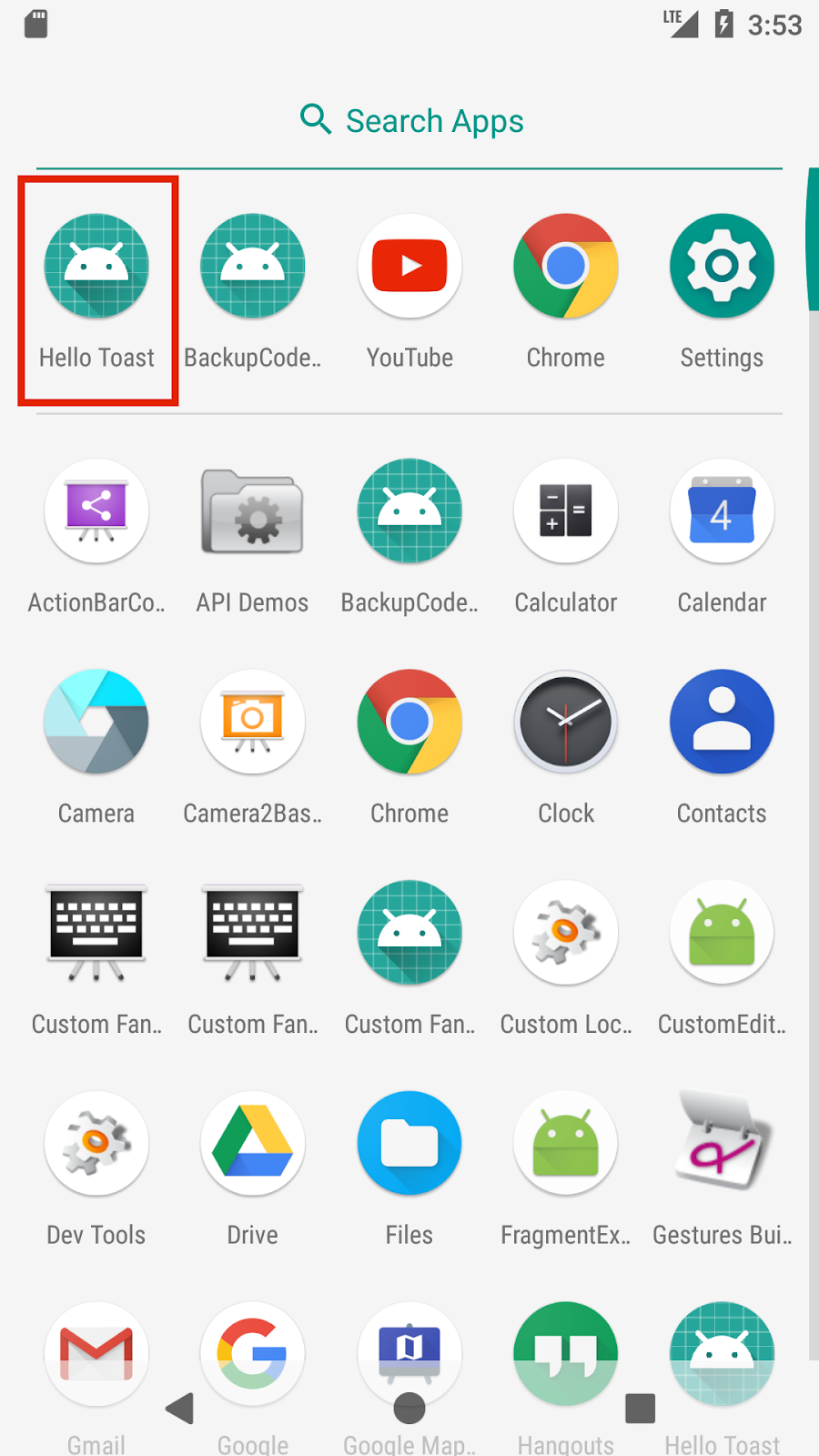  The standard launcher icon for a new app project appears in the Search Apps screen.