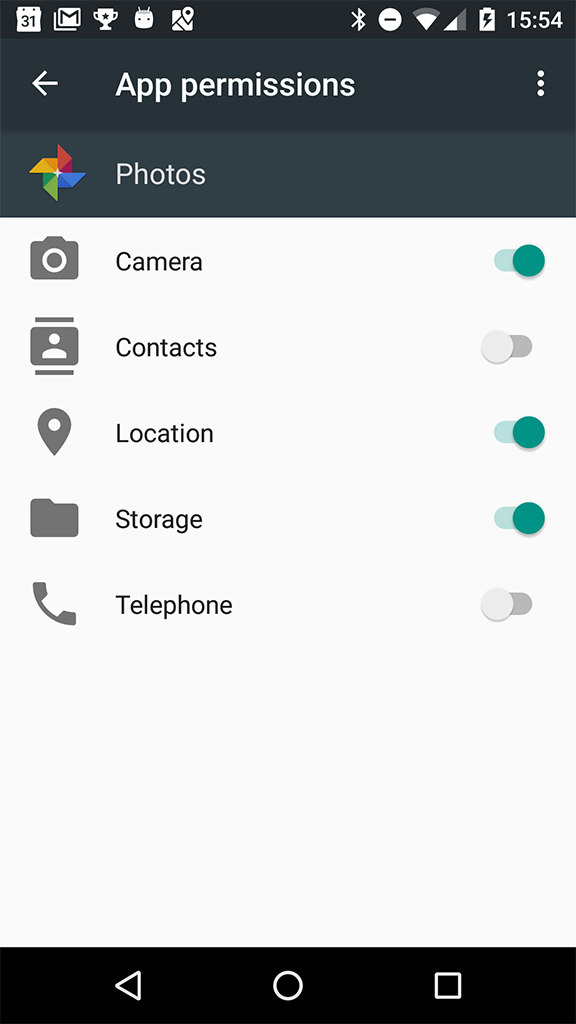 Granting and removing permissions for the Photos app in Marshmallow