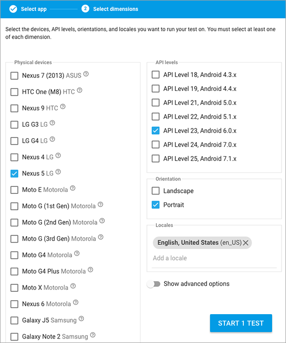 Select devices and API levels in Test Lab