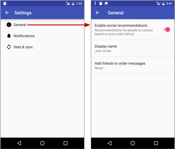 Settings Activity: Main Screen and General Settings on a Smartphone