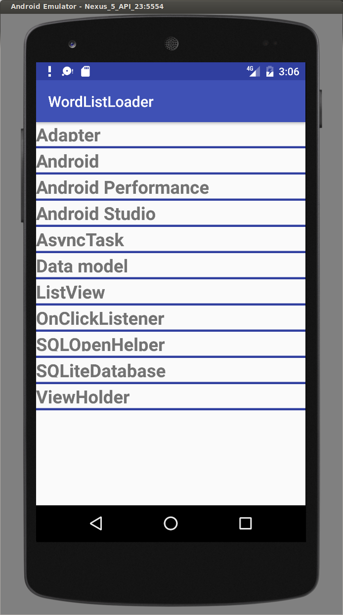 Base WordListLoader app in the emulator showing a blank screen. 