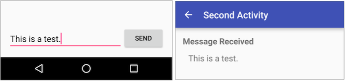 Entering Text and Clicking Send (left) - Receiving the Message in the Second Activity (right)